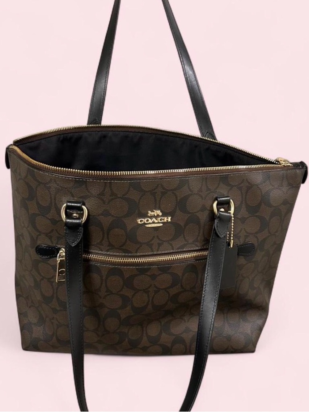 *SOLD* Coach Brown Signature Canvas Tote with Black Leather Straps - Picture 3 of 6